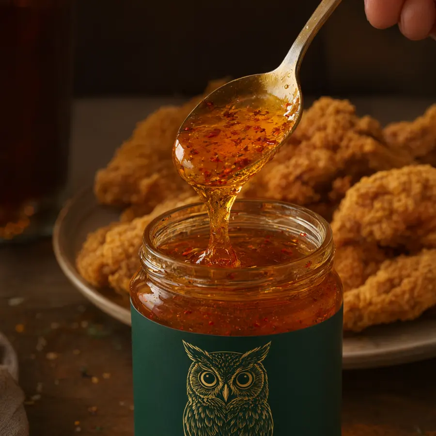 Spoon lifting hot honey from the jar