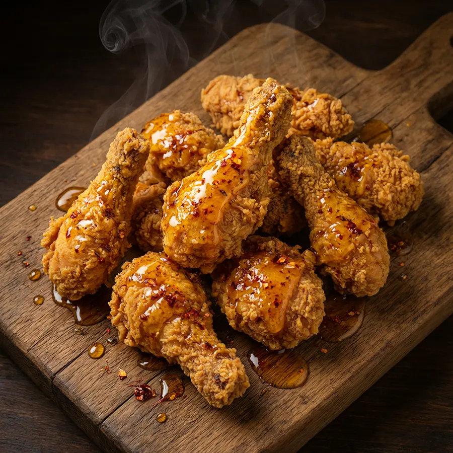 Fried chicken glazed with hot honey