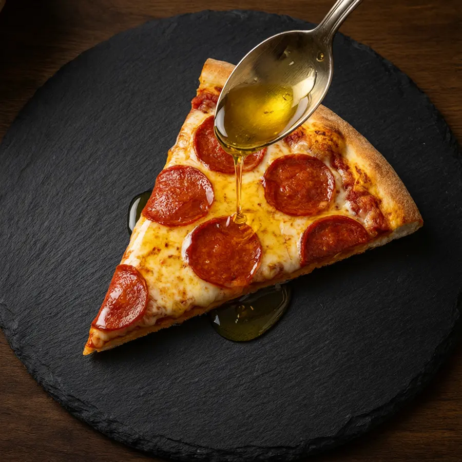 Pizza slice with honey drizzle