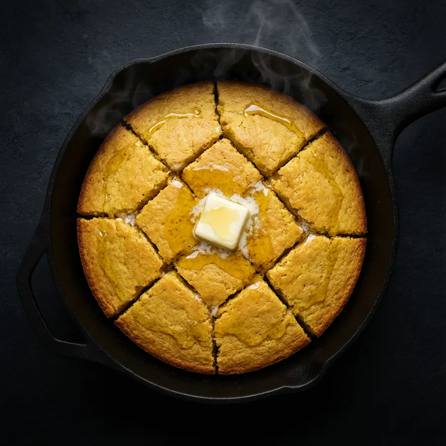 Cornbread in a skillet with honey