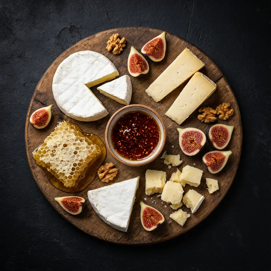 Cheese board with honeycomb and chili honey