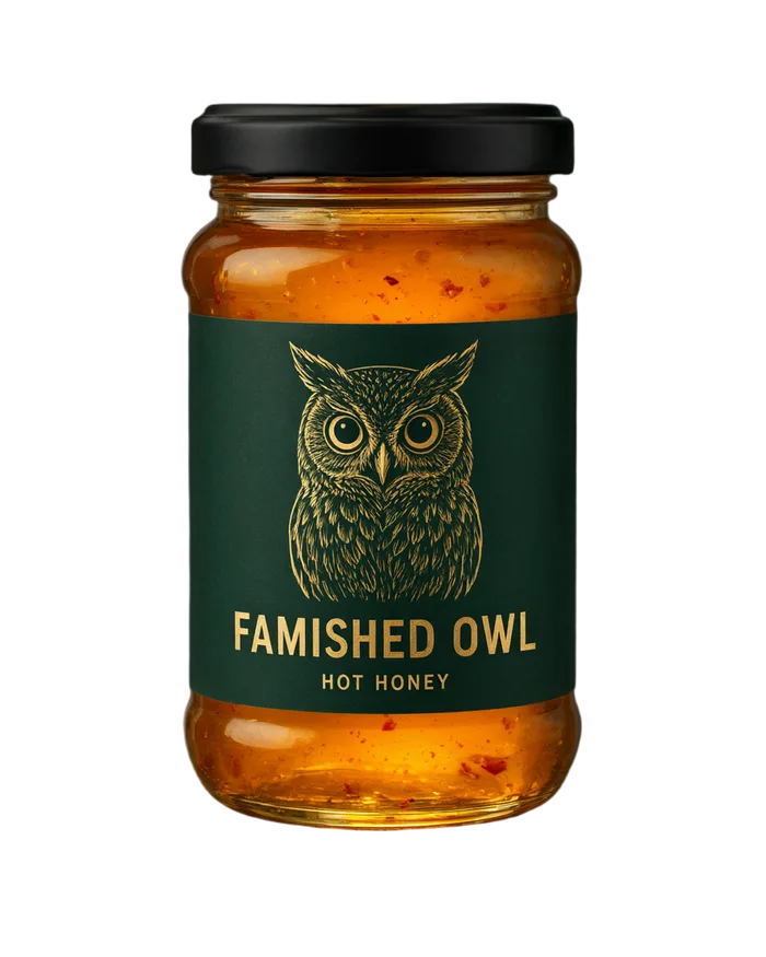 A jar of Famished Owl hot honey