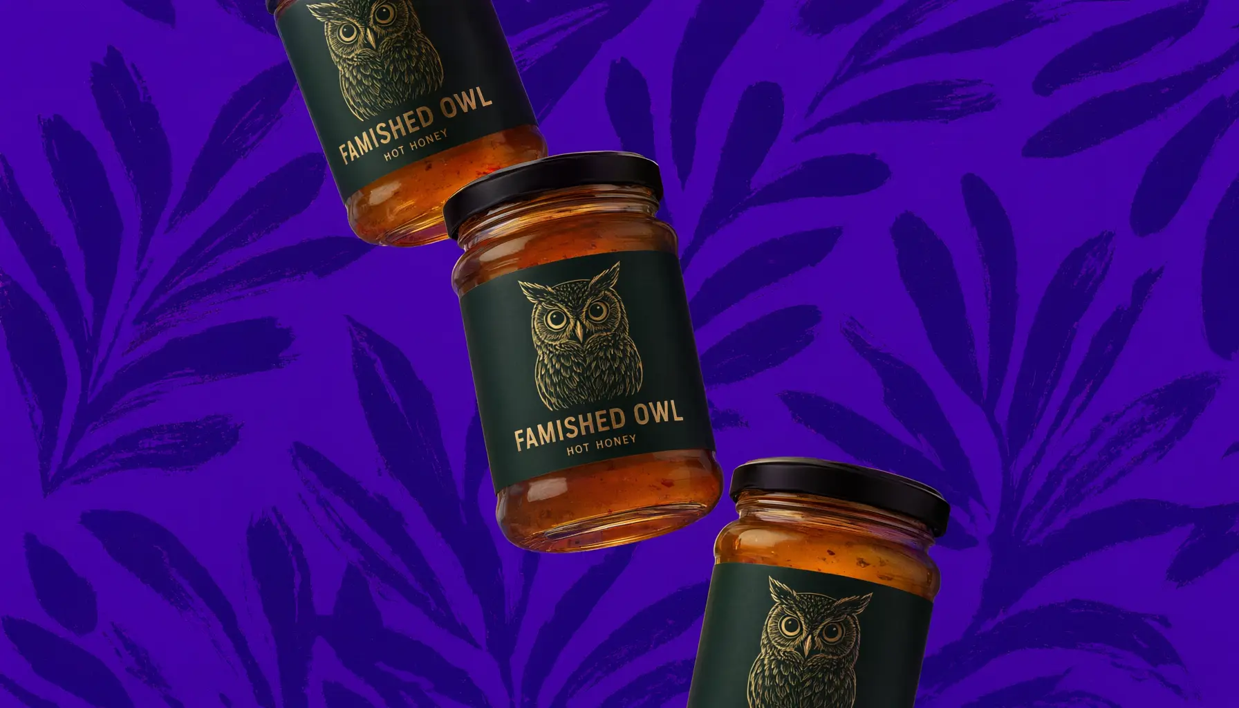 Three jars of Famished Owl hot honey tumbling on a violet leaf pattern